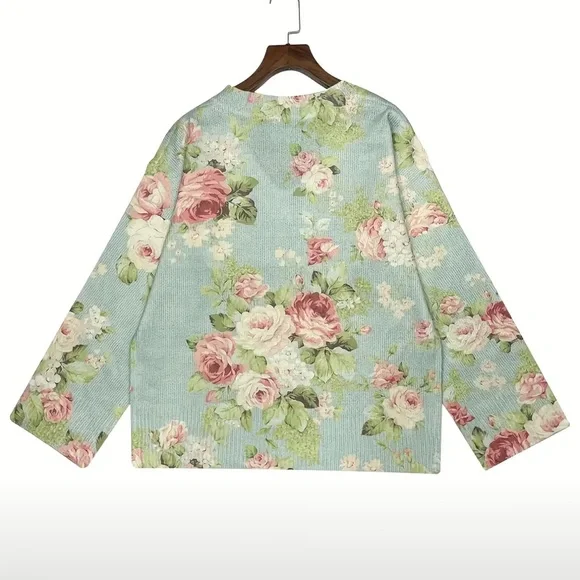 Floral Knit Sweater - Mint Green and Pink - Picture 3 of 4